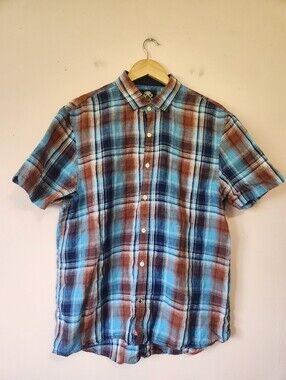 English Laundry Mens 100% Linen Plaid Short Sleeve Button Down Shirt Blue XL